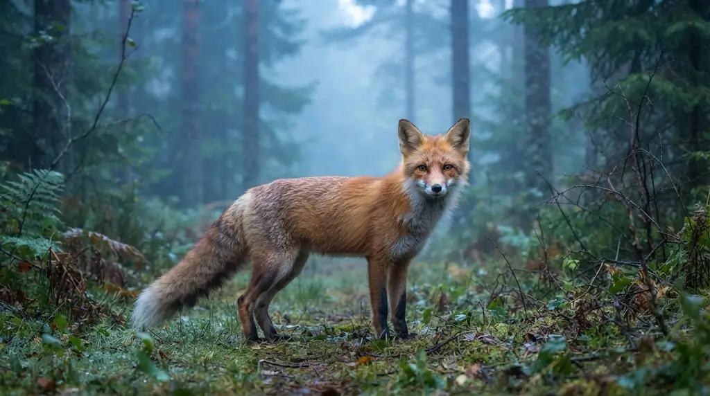 Red fox standing alert in a misty forest at dawn, representing fox spiritual meaning and awareness.