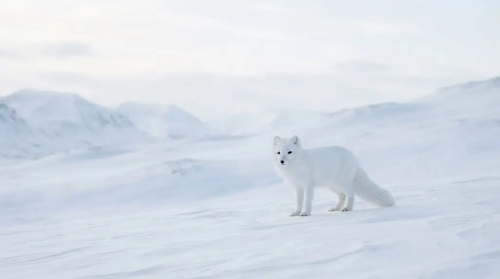 White arctic fox on a snowy hillside, representing fox spiritual meaning and clarity.