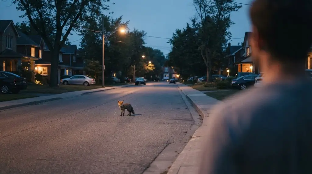 Fox pausing on a quiet street at dusk, symbolizing clarity and fox spiritual meaning during a decision.
