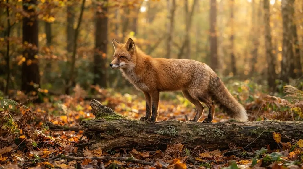 Red fox standing alert in an autumn forest, representing fox spiritual meaning and wisdom.