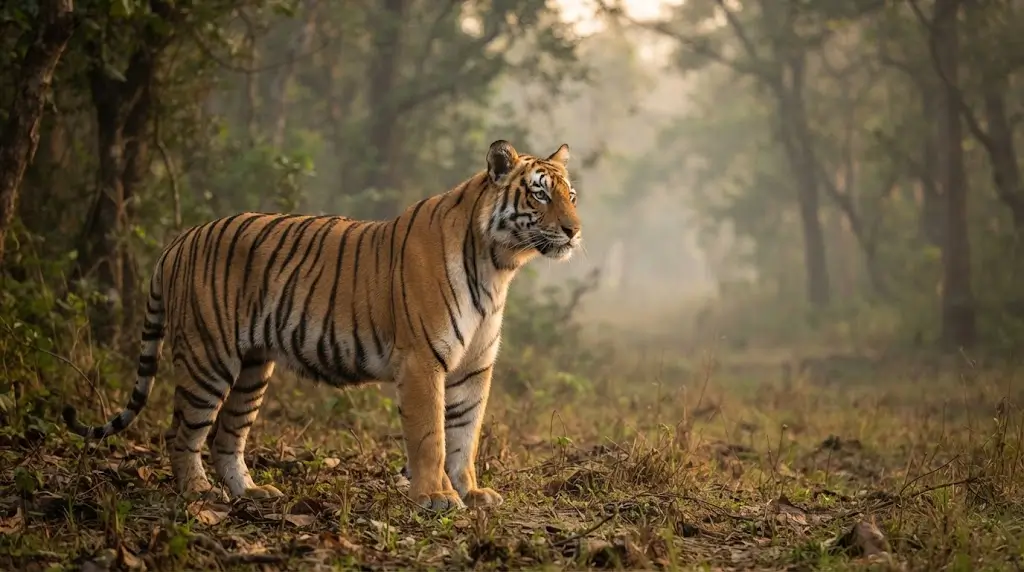 Calm tiger in golden light representing tiger dream meaning
