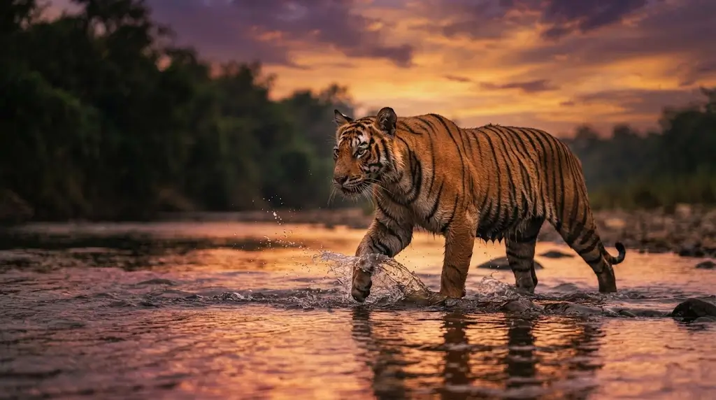 Tiger crossing water at dusk representing tiger dream meaning scenarios