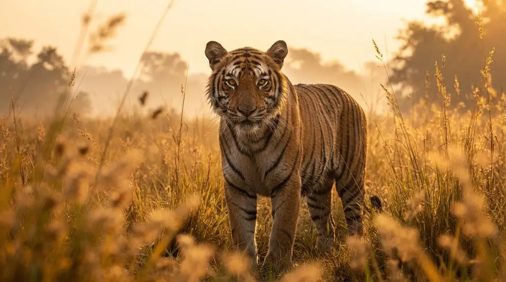 Tiger standing in golden light representing tiger dream meaning guide