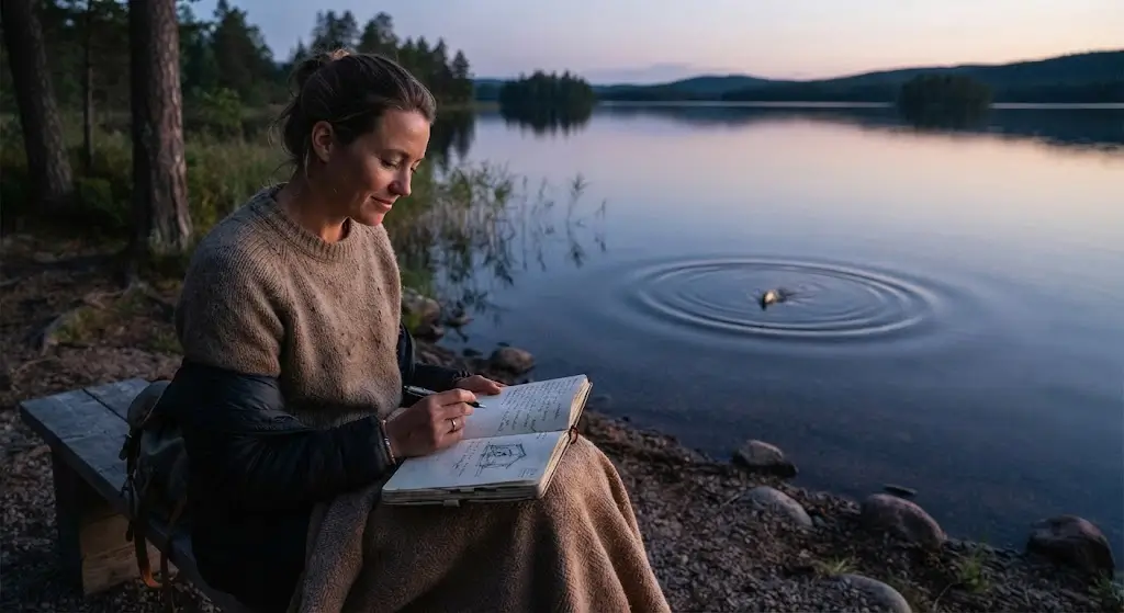 Person journaling by lake reflecting on fish dream meaning