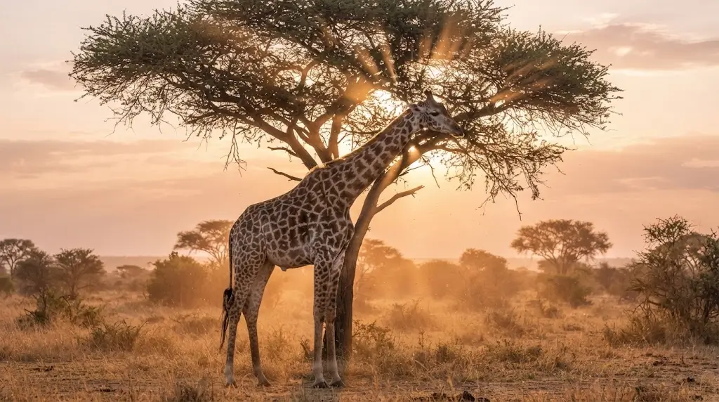 Giraffe standing beneath an acacia tree at sunrise, representing giraffe spiritual meaning and quiet strength.
