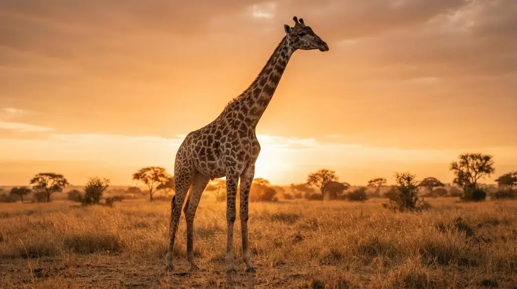 Giraffe standing tall at golden hour on the savanna, representing giraffe spiritual meaning and perspective.