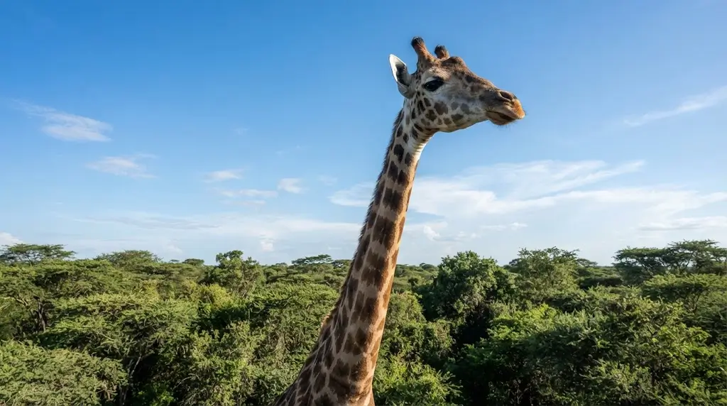 Giraffe's head rising above green treetops, representing giraffe spiritual meaning and higher perspective.