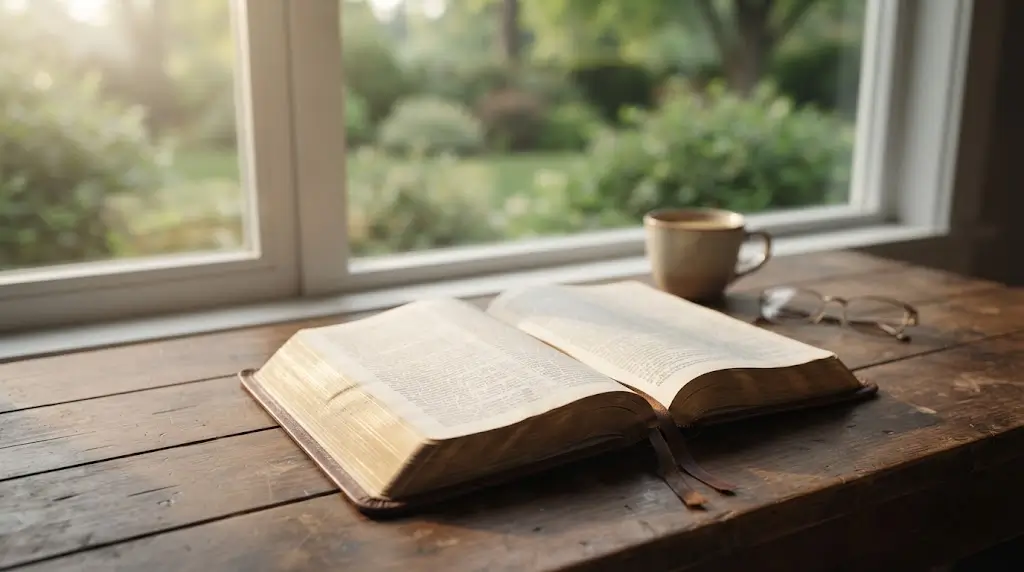 Open Bible on a wooden desk near a window, representing biblical reflection connected to giraffe spiritual meaning.
