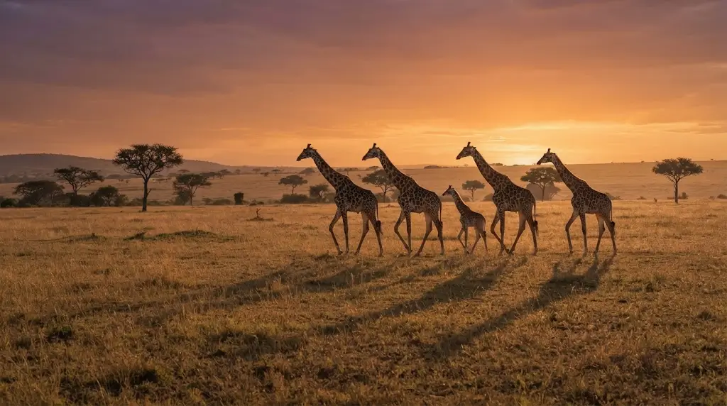 Herd of giraffes walking together at dusk, representing community in giraffe spiritual meaning.