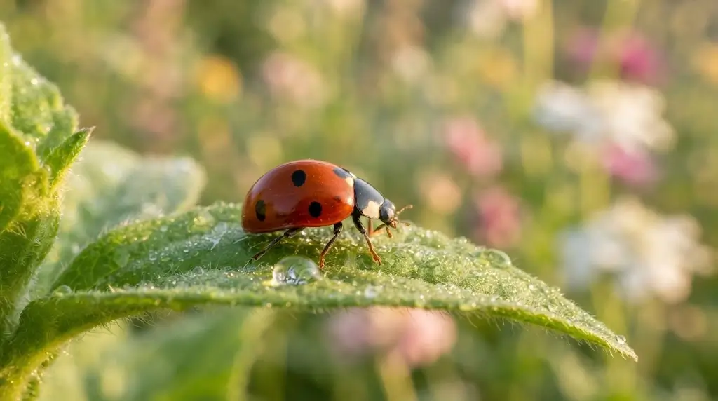 Red ladybug resting on a green leaf, representing ladybug spiritual meaning and gentle hope.
