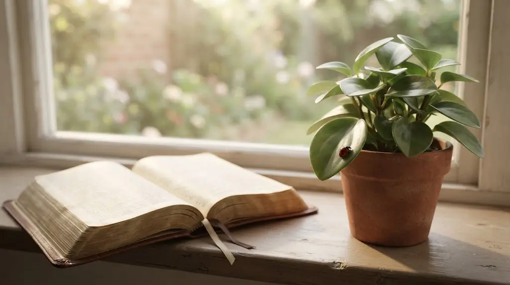 Bible beside a plant with a ladybug nearby, representing biblical reflection on ladybug spiritual meaning.