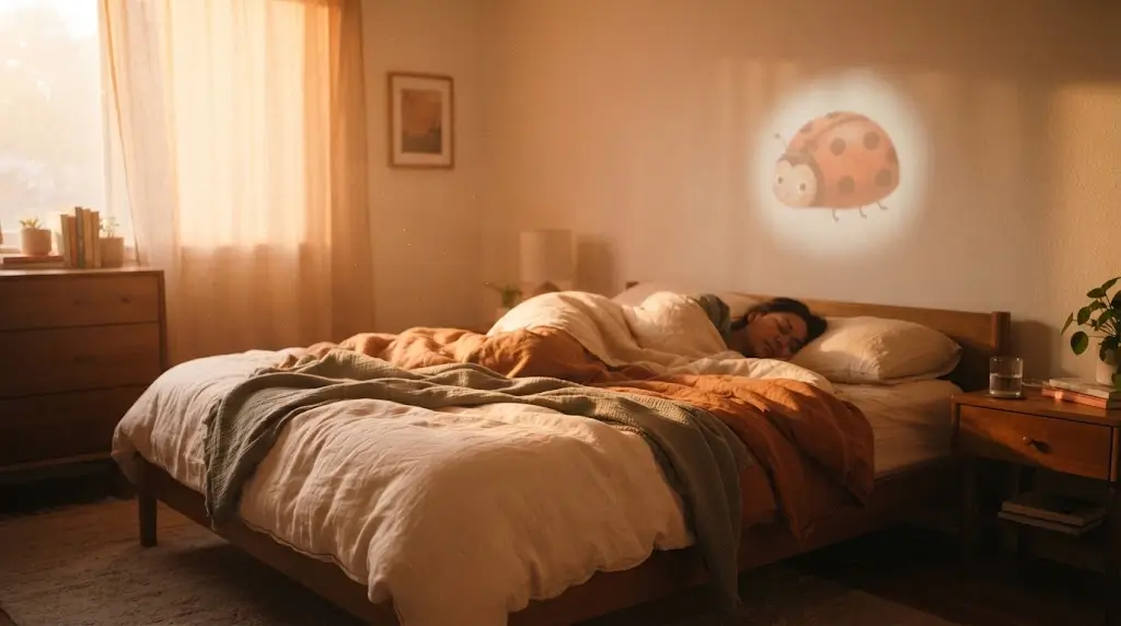 Person sleeping peacefully in soft morning light, representing ladybug spiritual meaning in dreams.