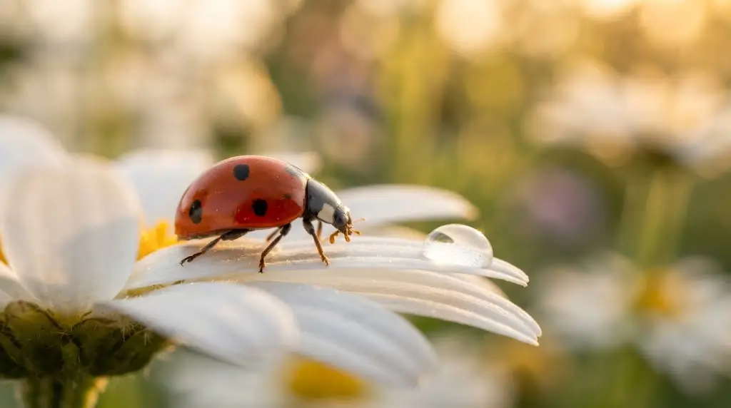 Red ladybug on a flower petal in golden light, representing ladybug spiritual meaning and hope.