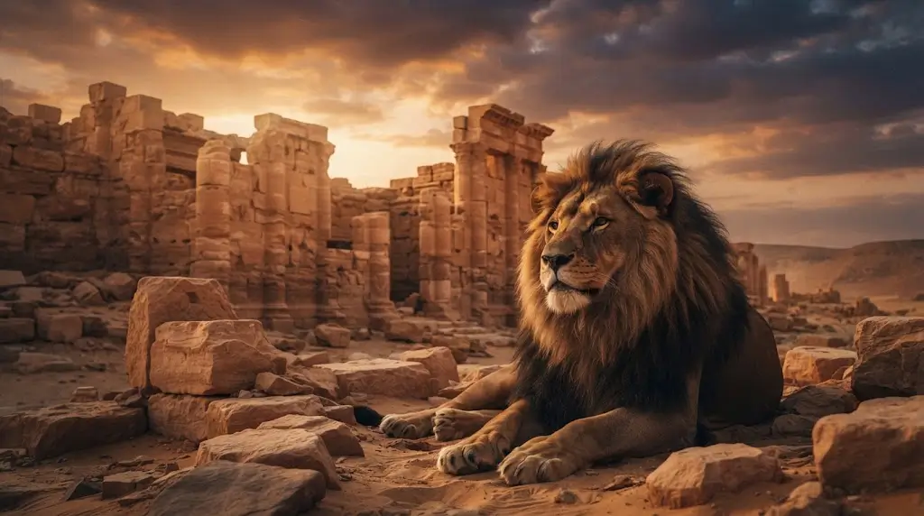 Lion resting near ancient ruins, representing the biblical meaning of a lion dream