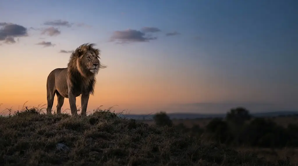 Lion standing on a hill at dusk, representing lion dream meaning