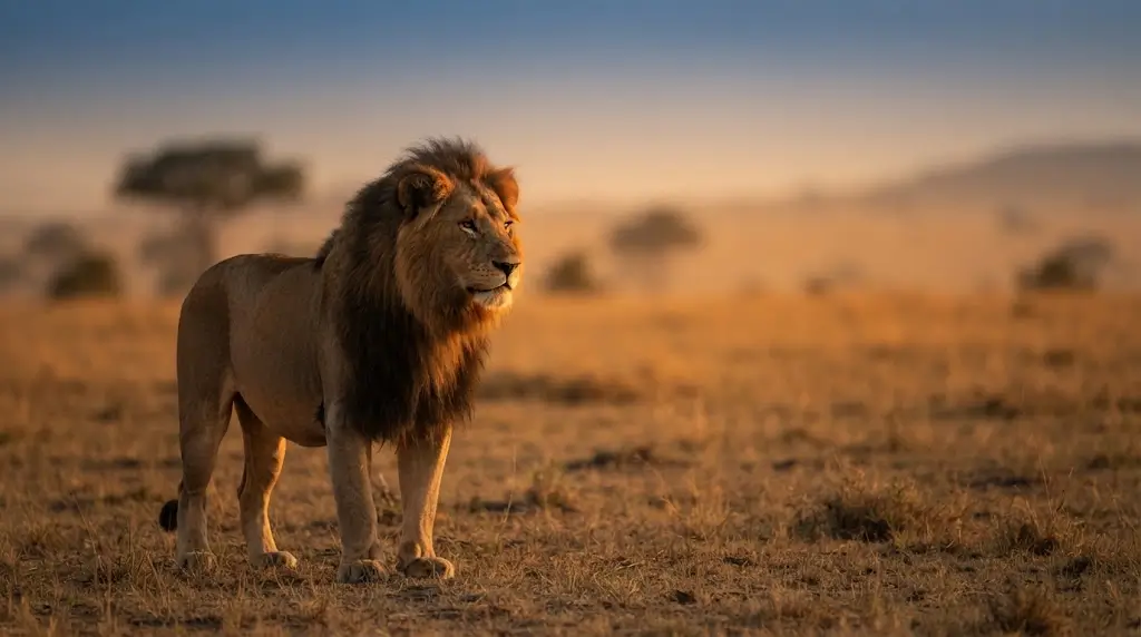 Lion standing calmly on a savanna at golden hour, representing lion dream meaning