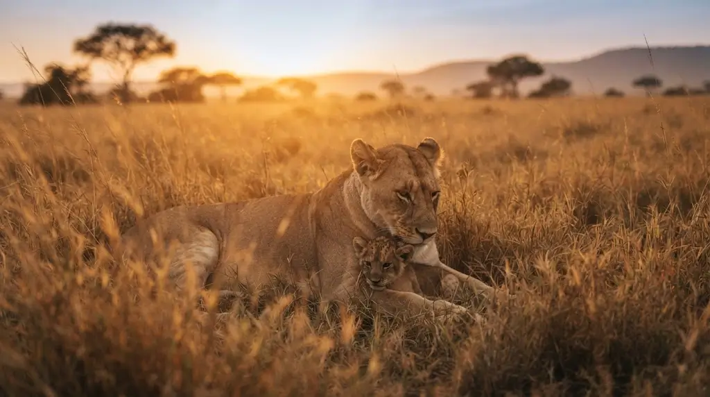 Lioness resting with a cub, representing protection and growth in lion dream meaning