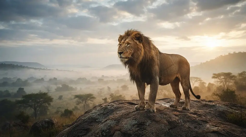 Lion standing firm on a rocky outcrop at dawn, representing the spiritual meaning of a lion dream