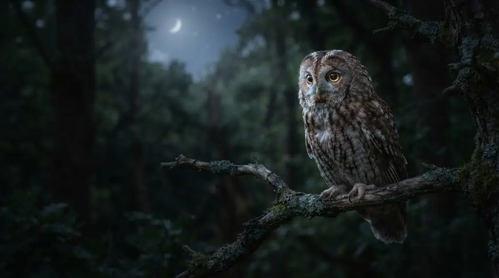 Owl perched on a moonlit branch at night, representing owl spiritual meaning