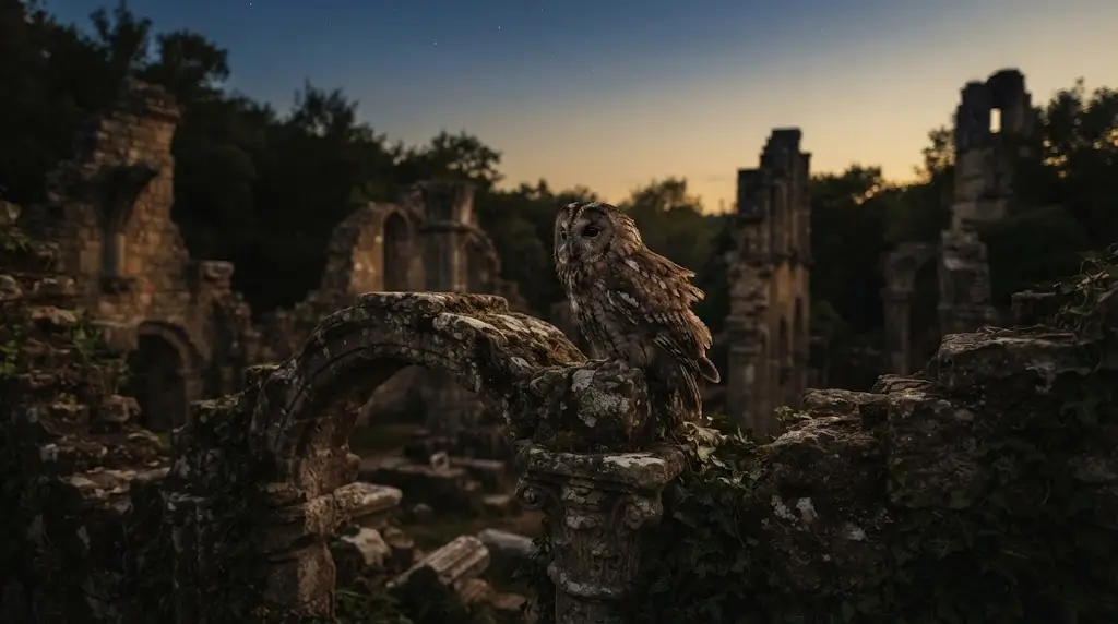 Owl perched among ancient ruins, representing the biblical meaning of an owl
