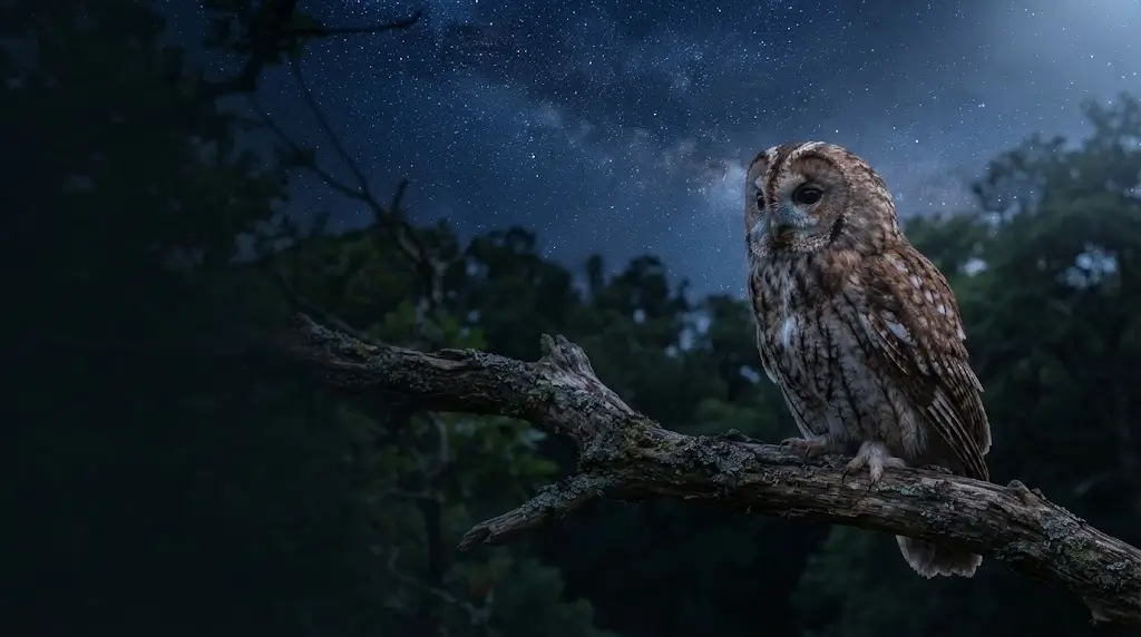 Owl perched under a starlit sky, representing owl spiritual meaning