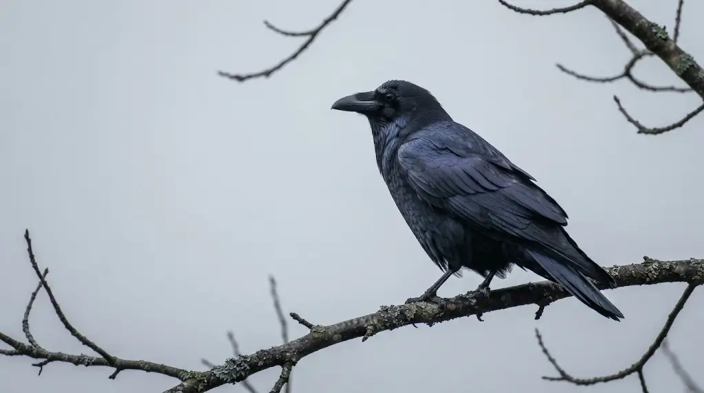 Raven spiritual meaning shown through a raven perched watchfully on a bare branch