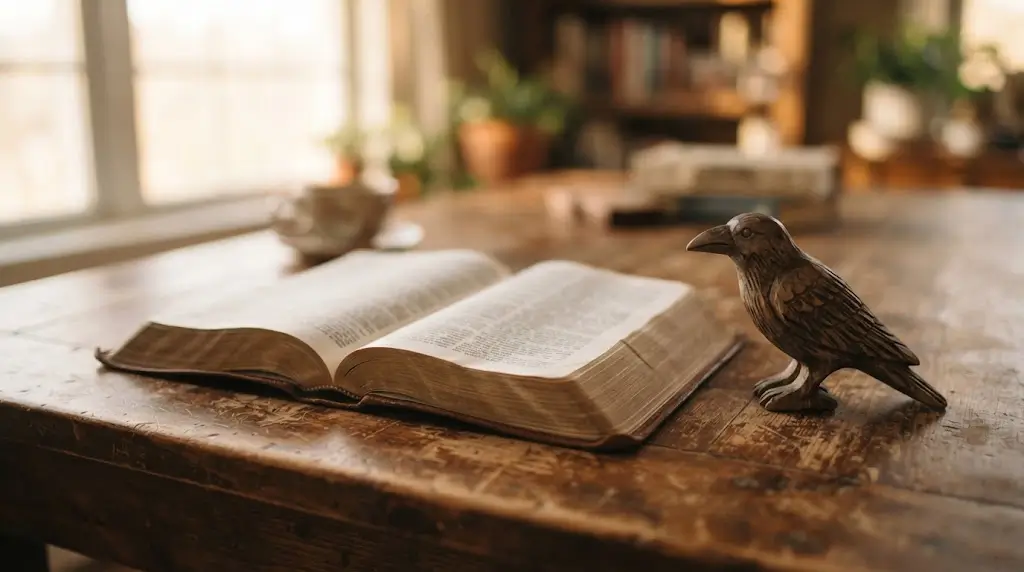 Open Bible with a wooden raven figure representing the biblical meaning of the raven