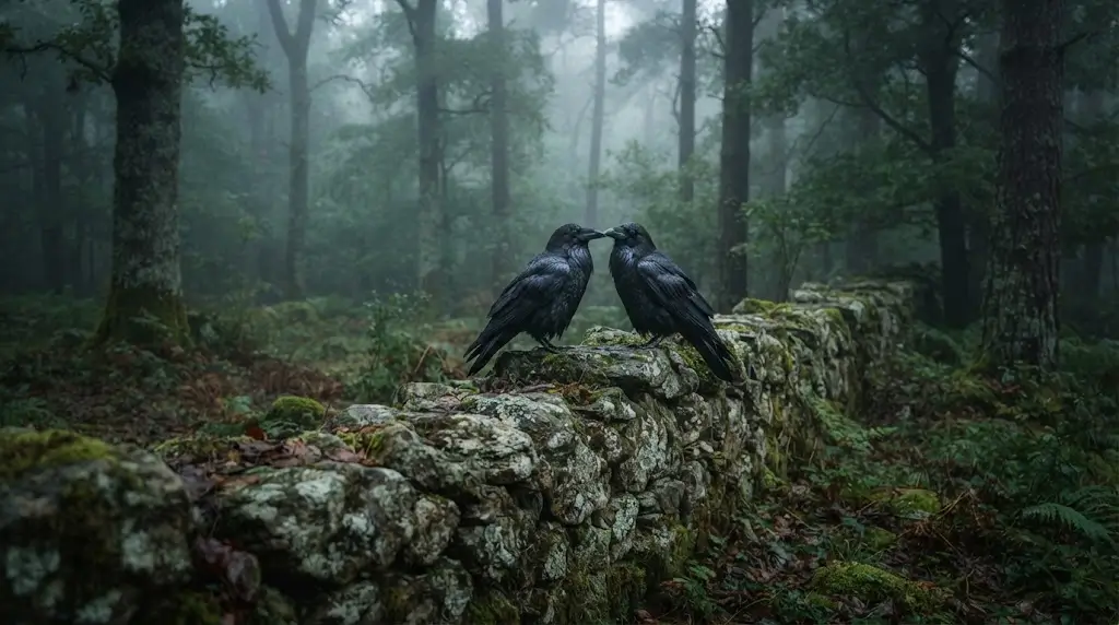 Two ravens on a stone wall representing raven symbolism across culture and tradition