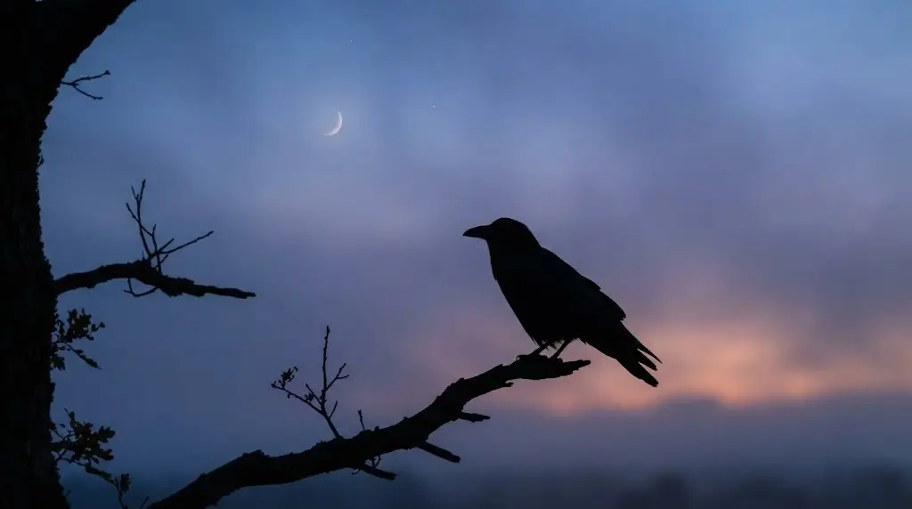 Raven silhouetted against a dusk sky representing raven spiritual meaning in dreams