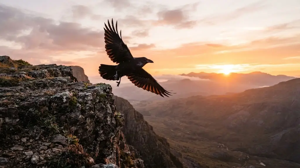 Raven taking flight at sunrise representing positive raven spiritual meaning