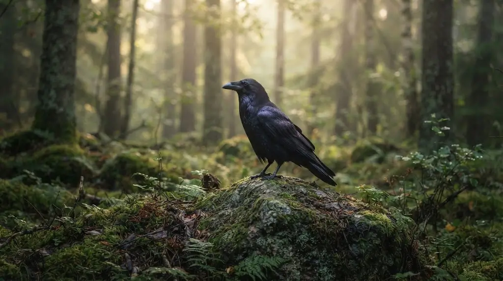 Raven spiritual meaning shown through a raven standing on a moss covered stone