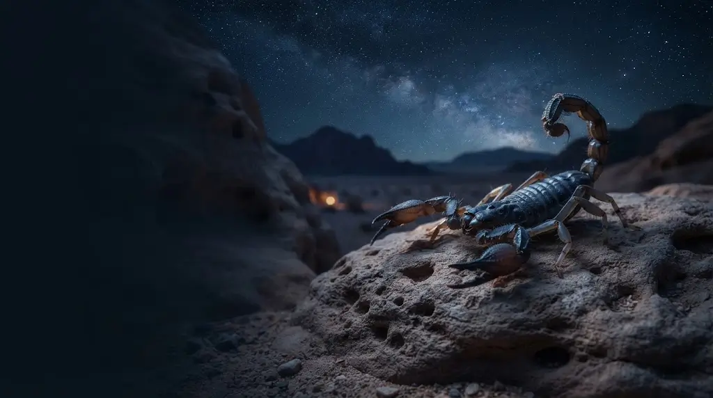 Scorpion under a starlit desert sky, representing scorpion dream meaning