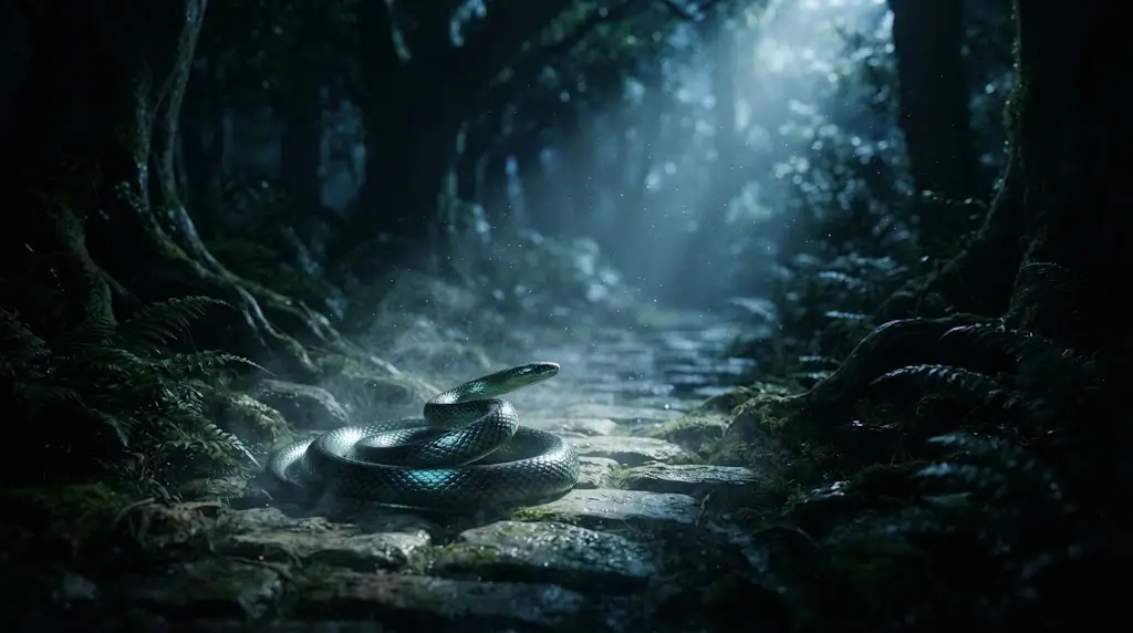A snake coiled on a moonlit path, representing snake bite in dream meaning