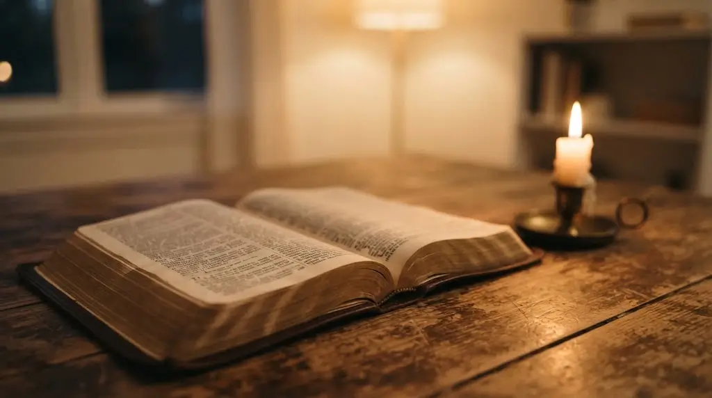 Open Bible and candle representing the biblical meaning of a spider dream