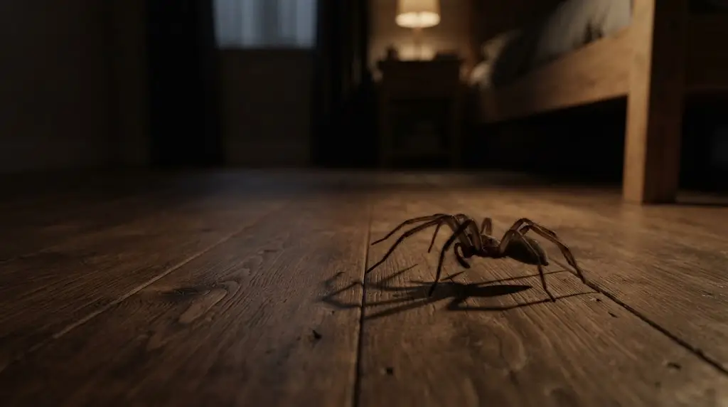 Spider crossing a bedroom floor representing spider dream meaning by situation