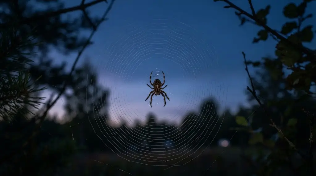Spider dream meaning shown through a spider resting at the center of its web at dusk