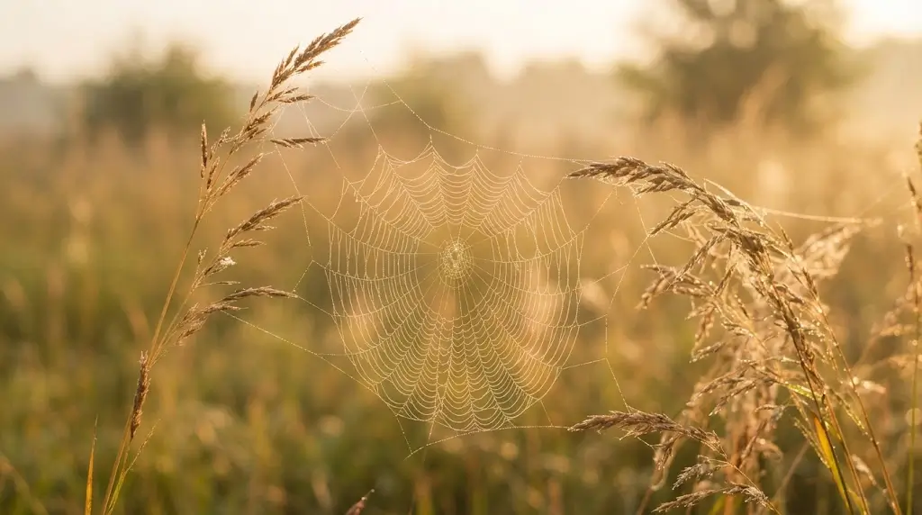 Sunlit spider web representing the spiritual meaning of a spider dream