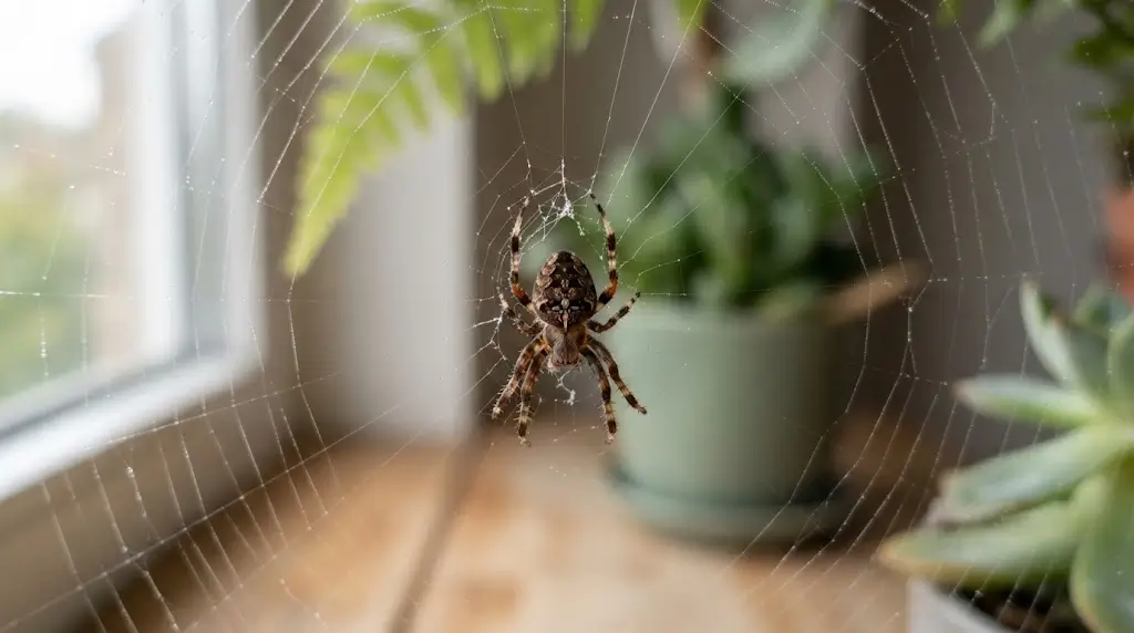 Spider dream meaning shown through a spider resting at the center of its web at dusk