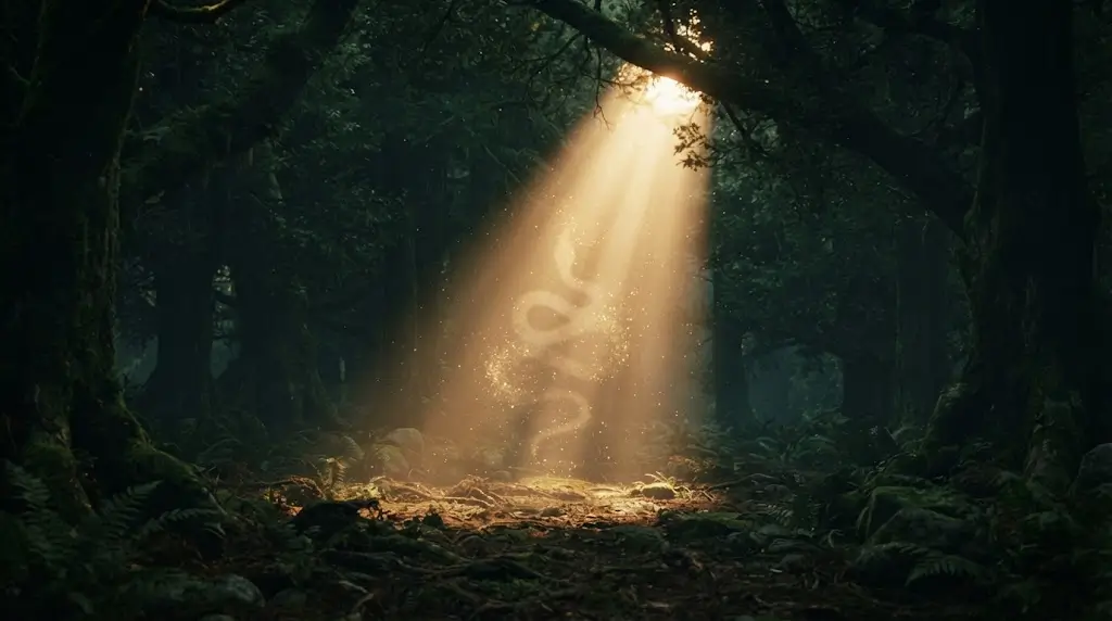 Light breaking through a forest representing the spiritual meaning of a snake bite dream