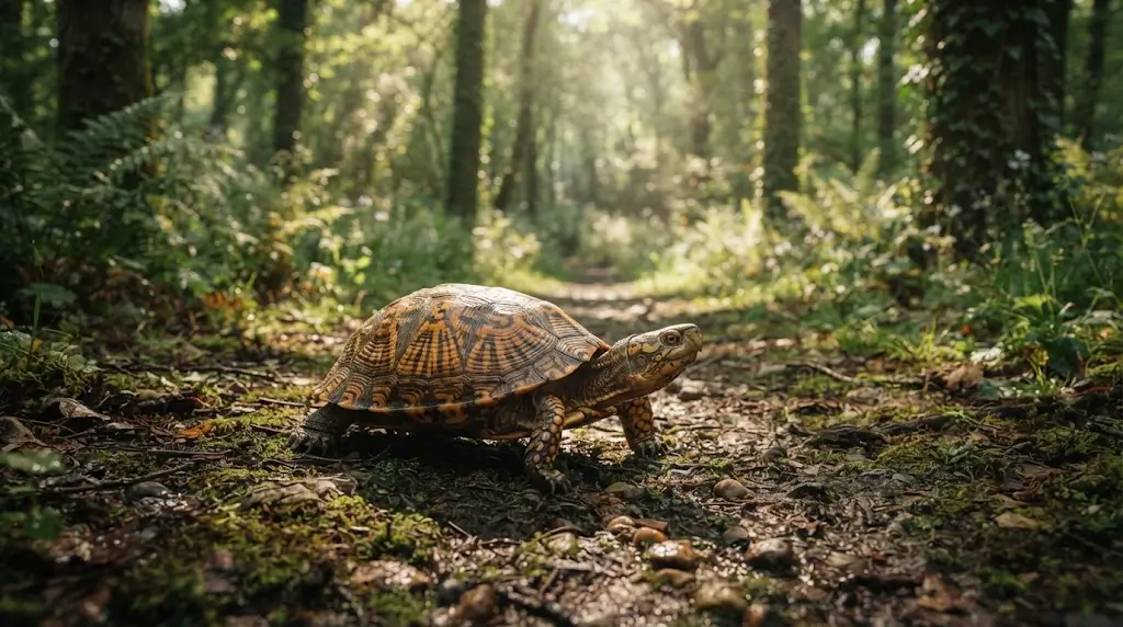 Turtle walking slowly on a forest path representing turtle spiritual meaning