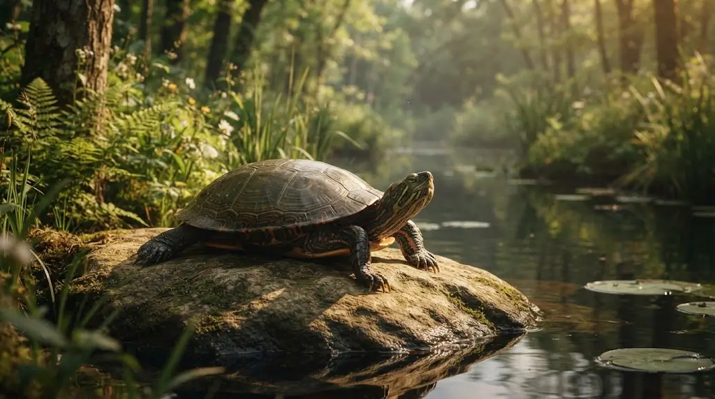 Calm turtle resting on rock representing positive turtle spiritual meaning
