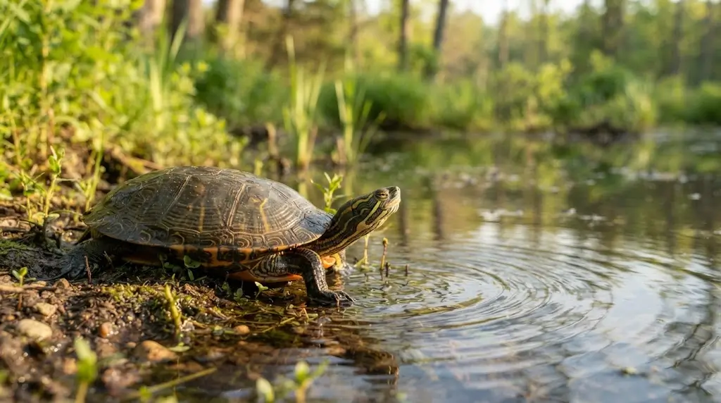 Turtle resting calmly beside still water representing turtle spiritual meaning