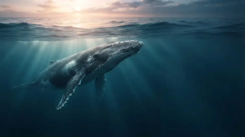 Whale swimming calmly beneath sunlit ocean water, representing whale spiritual meaning