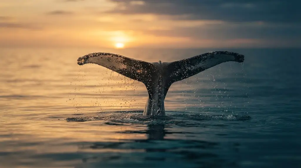 Whale's tail rising from the ocean at sunset, representing the biblical meaning of a whale
