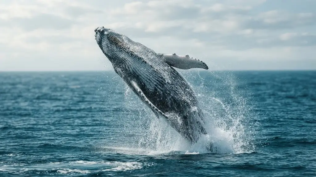 Whale breaching out of the ocean, representing breakthrough in whale spiritual meaning