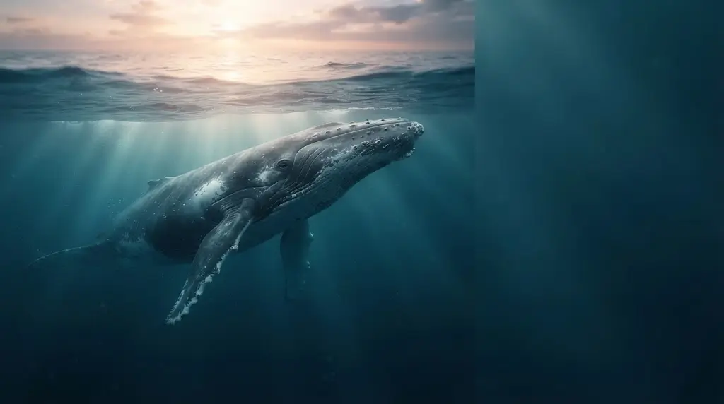 Whale swimming near the ocean surface at dawn, representing whale spiritual meaning