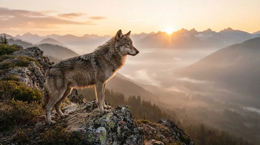 Wolf standing on a ridge at sunrise representing wolf spiritual meaning.
