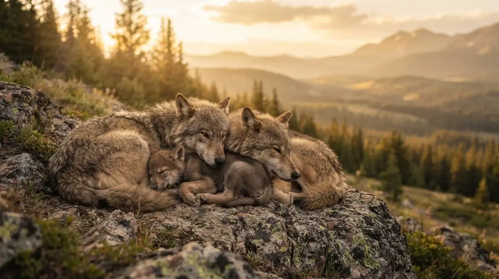 Wolf pack resting together, representing wolf spiritual meaning of loyalty and community.