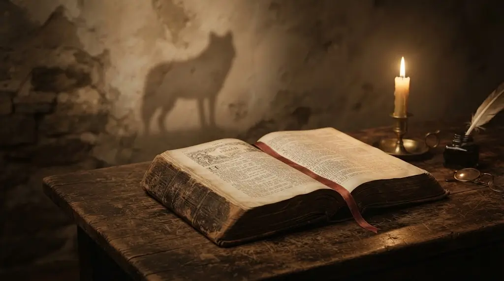 Open Bible with a wolf shadow, representing the biblical meaning behind wolf spiritual meaning.