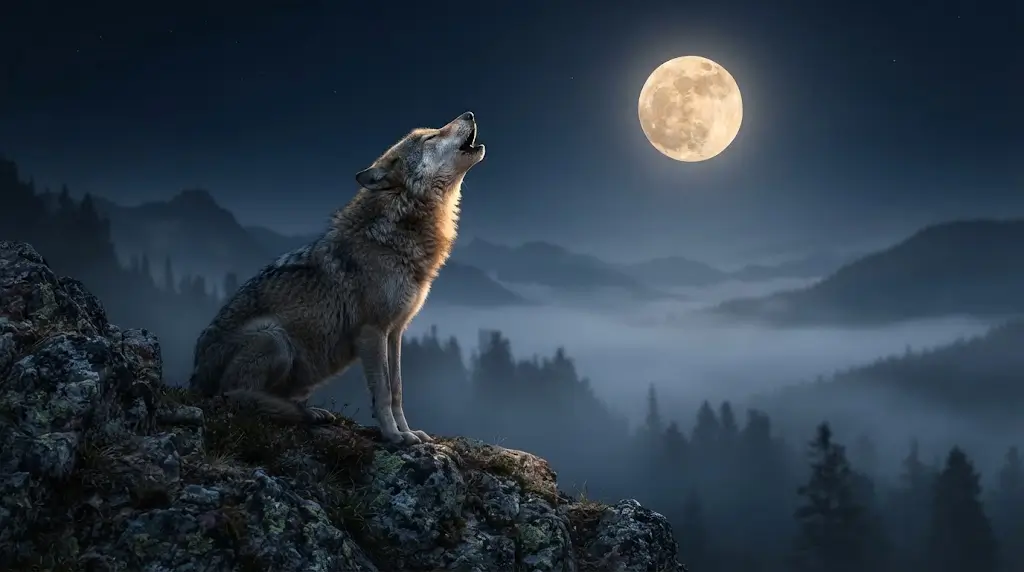 Howling wolf under a full moon, symbolizing wolf spiritual meaning and expression.